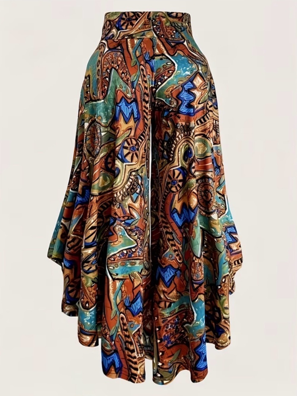 Boho Printed Wide-Leg Palazzo Summer Pants in Teal & Brown New Boutique - Picture 4 of 6